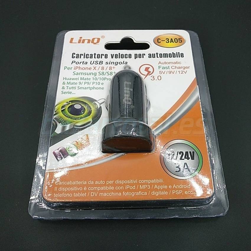 CARGADOR RAPIDO DE COCHE 1 USB 12-24V/5-9-12V 3A QUALCOMM® 3.0 QUICK CHARGER